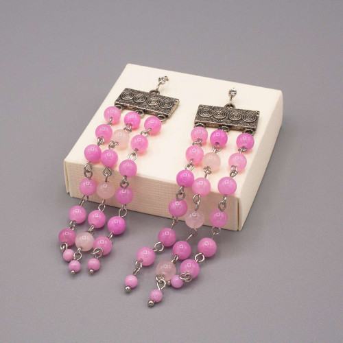 Orecchini a tendina con piastrina color argento e tre fili di perle in quarzo rosa