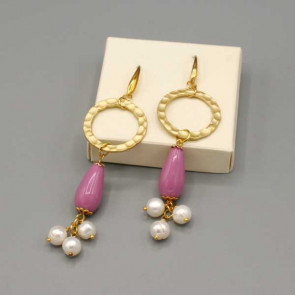 Orecchini con cerchio oro, goccia rosa e perle di fiume